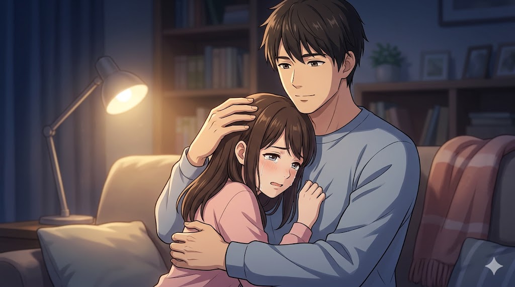 泣いている日本人女性を優しく抱きしめ、頭を撫でる包容力のある日本人男性のアニメイラスト。落ち着いた室内で、男性の優しさと安定感が強調