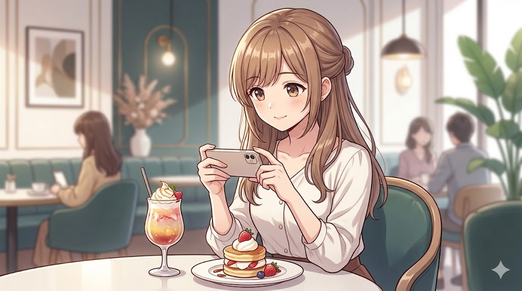 洗練されたカフェで、スマートフォンを使ってデザートとドリンクの写真を撮る、日本人女性のアニメイラスト。自身の生活を楽しむ様子と承認欲求を上手に演出する