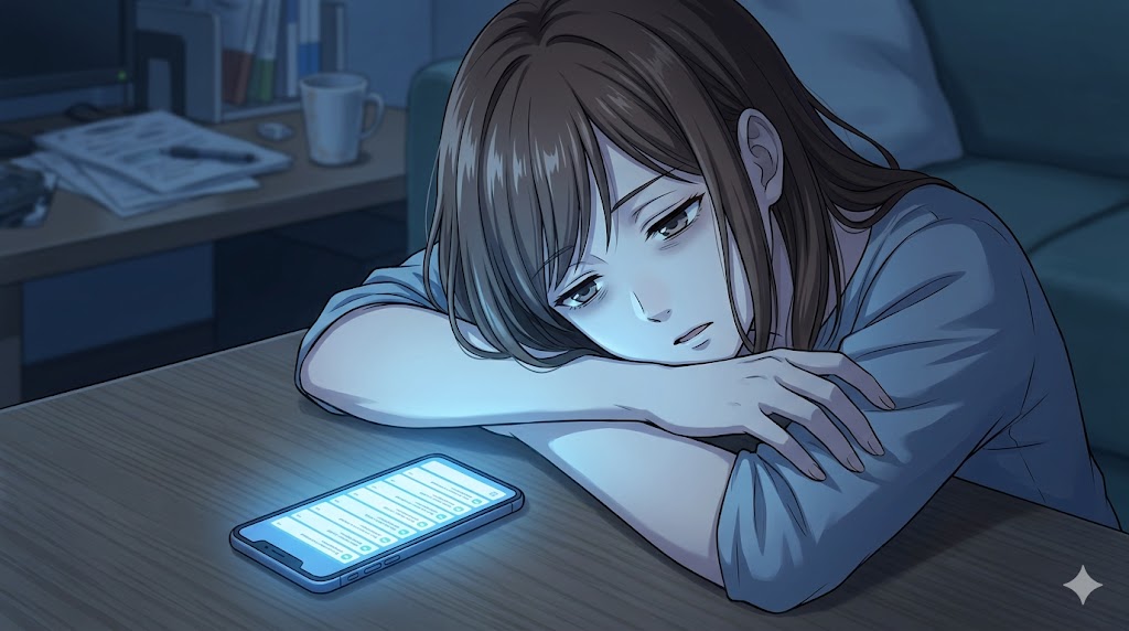 深夜、机に突っ伏して疲れ果てる日本人女性のアニメイラスト。感情労働によるバーンアウトを表現