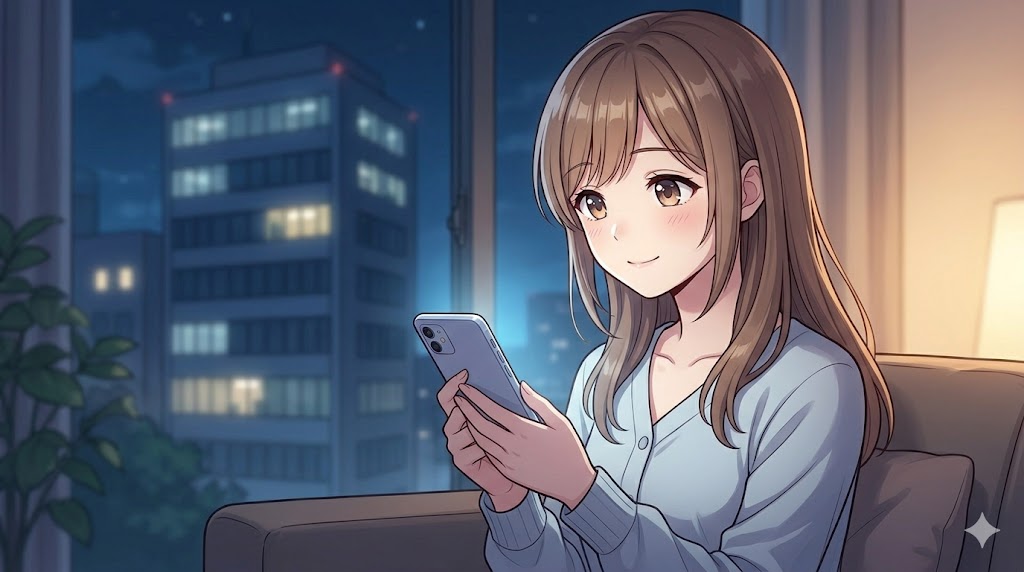 深夜、穏やかな表情でスマートフォンの画面を見つめ、男性からの返信を健気に待つ女性。相手の忙しさを配慮し、状況判断ができる「愛されるかまってちゃん」