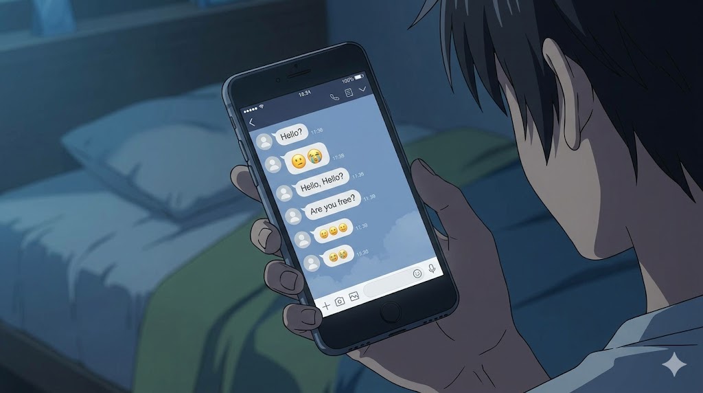 深夜、薄暗い部屋で、返信がない相手に対して焦燥感を募らせ、何度もLINEの「追いメッセージ」を送るかまってちゃん男性の手元