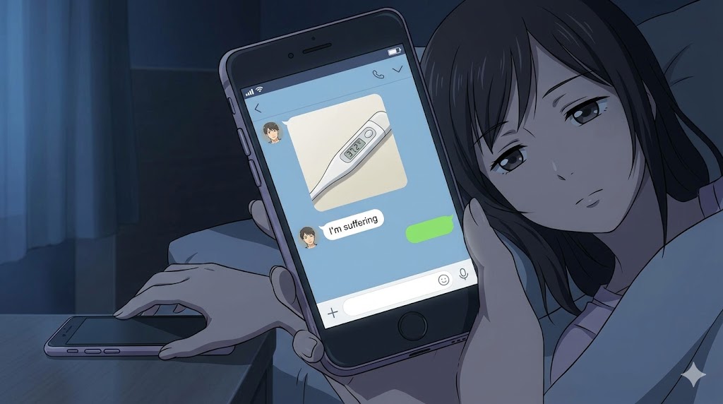 深夜に送られてきた微熱の体温計画像に対し、すぐに返信せずスマートフォンを置こうとする女性の手元を描いた、かまってちゃんLINEへの対処法