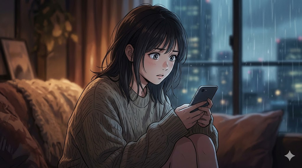 深夜の室内で、スマートフォンの画面を心配そうに見つめる日本人女性のイラスト。承認欲求や孤独感による依存心理の葛藤
