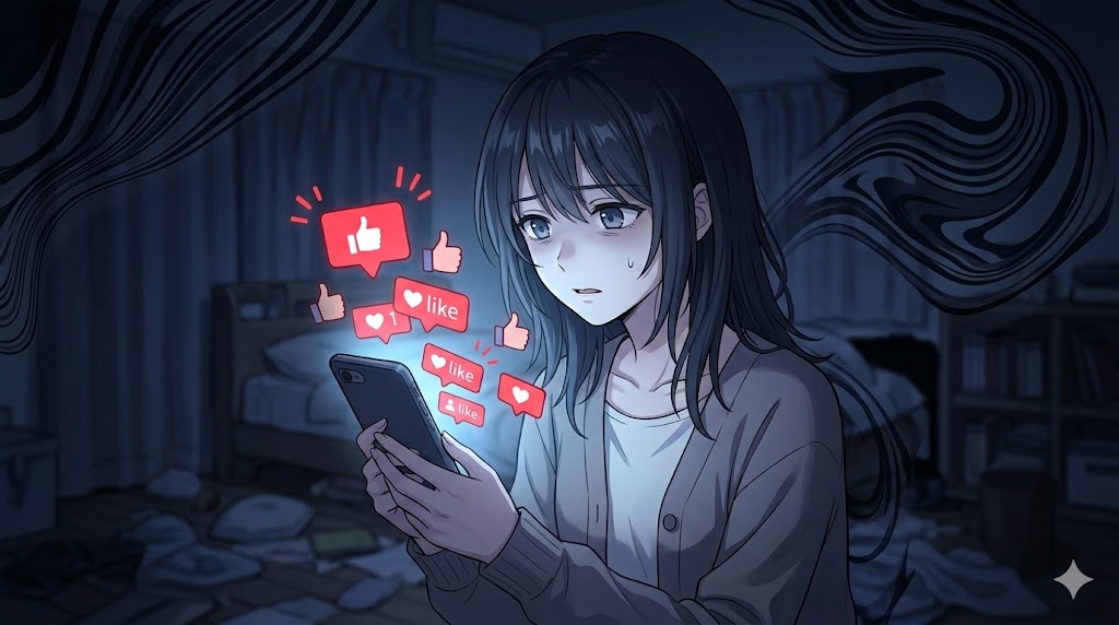 深夜の薄暗い部屋で、スマートフォンの画面から溢れる「いいね」のデジタルな承認に依存する日本人女性の孤独と不安