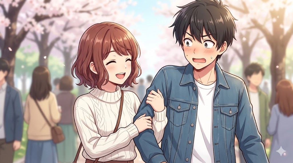 満開の桜の公園で、笑顔で彼氏の腕を組む日本人女性。男性は少し照れている