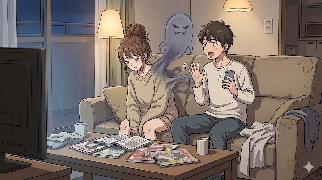 疲れ果てた表情でソファに座る女性の肩から、隣で元気に話しかける夫（エナジーバンパイア）が、目に見えないエネルギーを吸い取っている様子