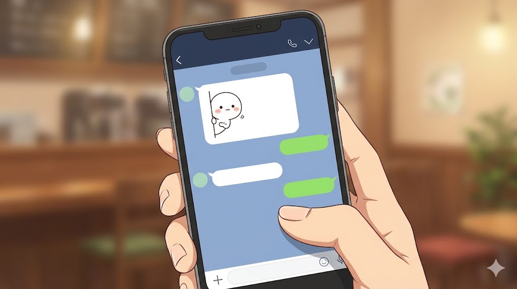 短いメッセージと可愛いキャラクターのスタンプが表示されたスマホの画面。日本人の女性の手がそのスマホを持っている。テンポの良い、心地よいLINEのやり取り