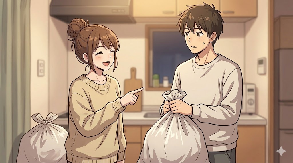 笑顔で夫にゴミ袋を渡す女性と、少し驚いた表情で受け取る夫。夫のかまってほしい欲求に対して、家事（ゴミ出し）という具体的なコストを提示する「お願い返し」