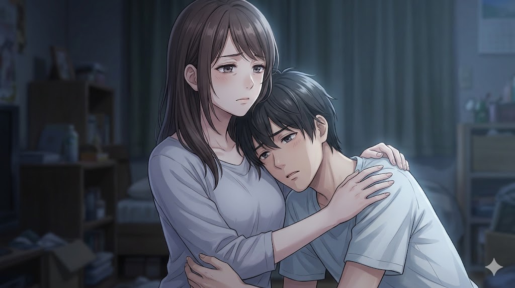 精神的に疲弊しながらも、依存してくる彼氏を支え続けようとする女性のアニメイラスト。共依存の不安定な関係性を表している