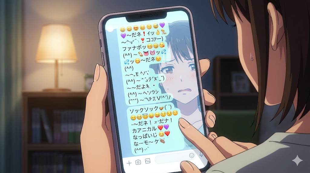 絵文字や顔文字が多用された不気味な「おじさん構文」のLINEメッセージを見て、困惑する日本人女性