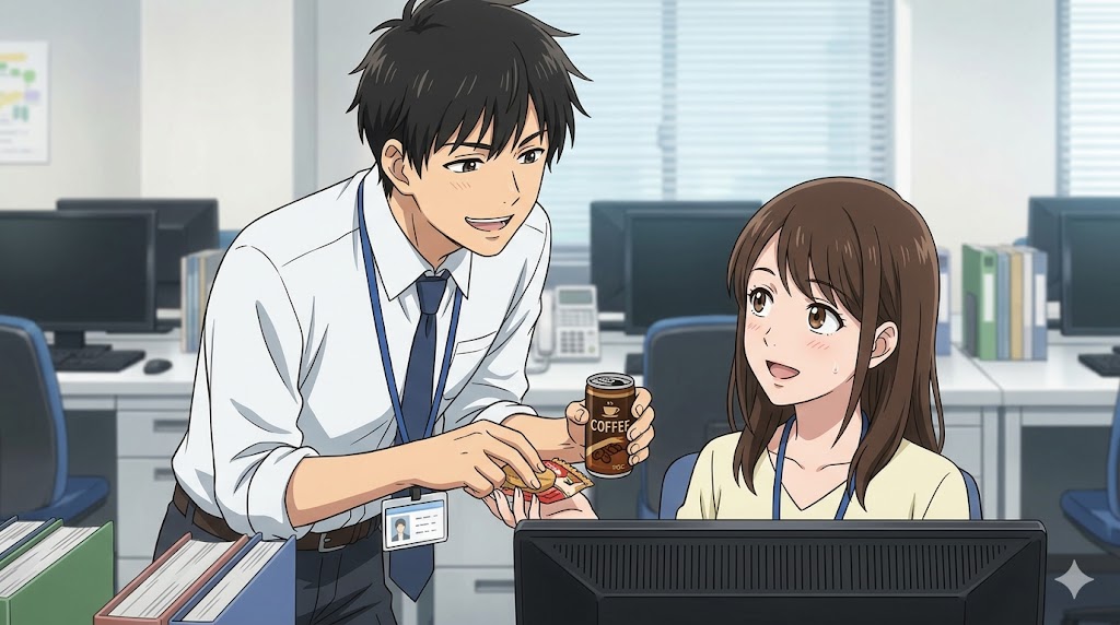 職場で、好意を抱く女性社員のデスクに近寄り、笑顔で差し入れを渡して距離を縮めようとするかまってちゃん男性の脈あり行動