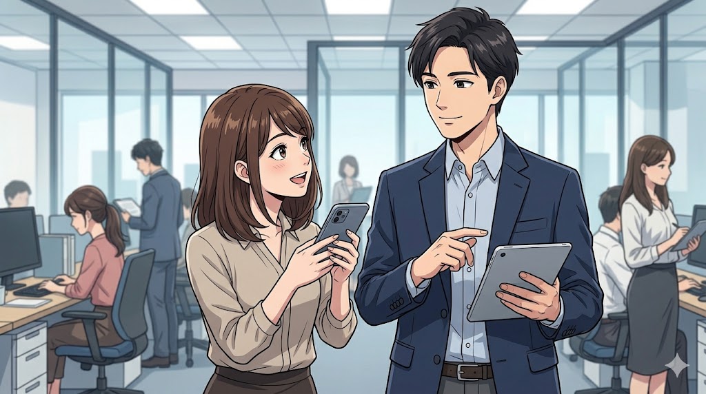 職場で、自慢話をしようとする女性同僚（右）に対して、丁寧だがきっぱりとした態度で自分の業務を優先する日本人男性社員（左）のアニメイラスト。ビジネスライクに対応する