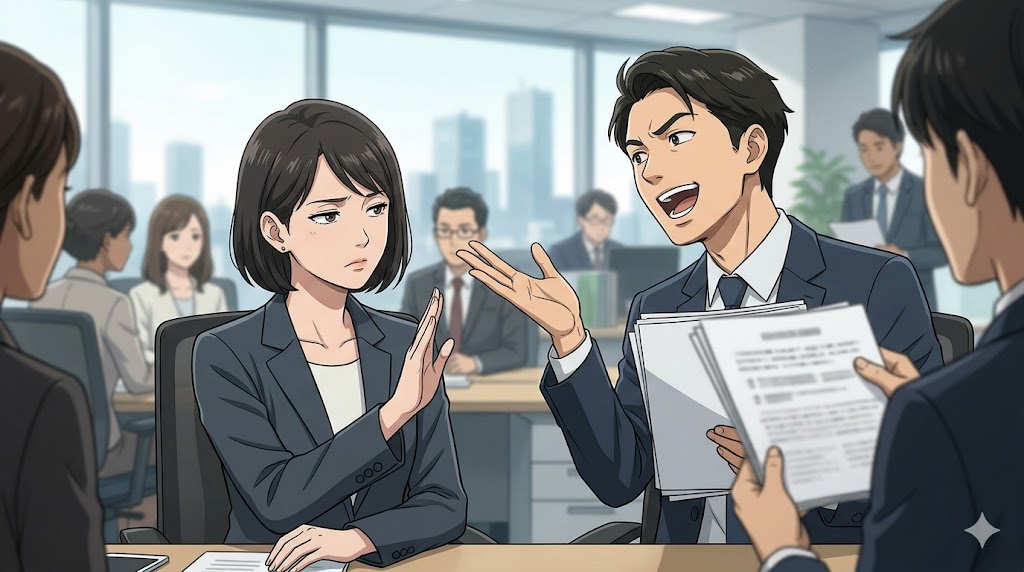 職場で、自慢話を続ける男性社員と、それを遮る日本人女性社員のイラスト。多忙アピールと自己中心的なパーソナリティ