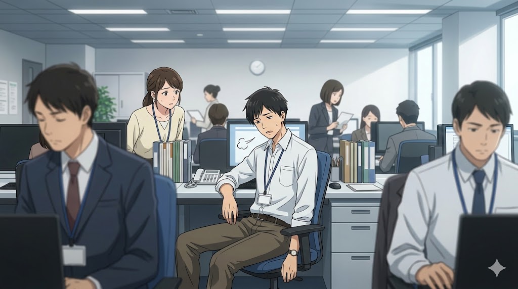 職場でのかまちょ行動。ため息をつき、周囲の関心を引こうとするアニメ風の日本人男性