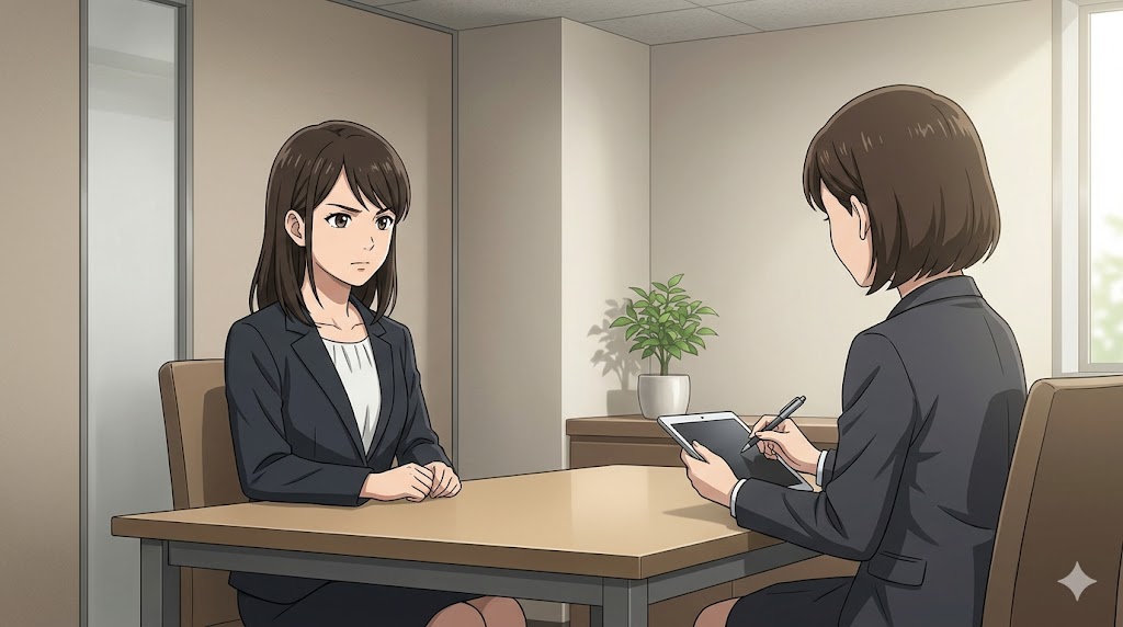 職場でのかまってちゃんおじさんの行き過ぎた言動をハラスメントとして人事部に相談する、真剣な表情の日本人女性社員