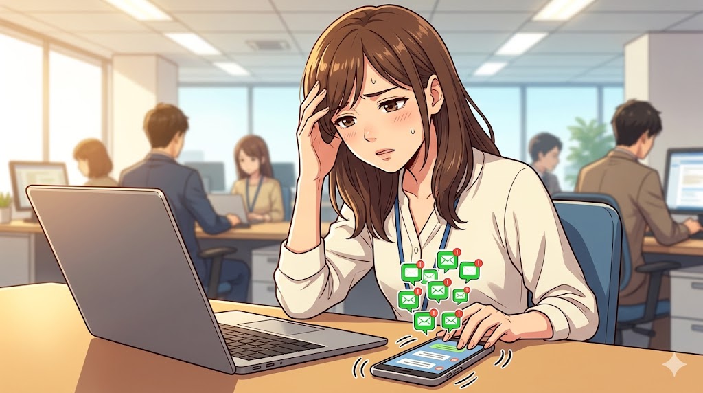 職場で仕事に集中しようとしているが、彼氏からの大量のLINE通知でスマホが鳴り止まず、疲弊している日本人女性
