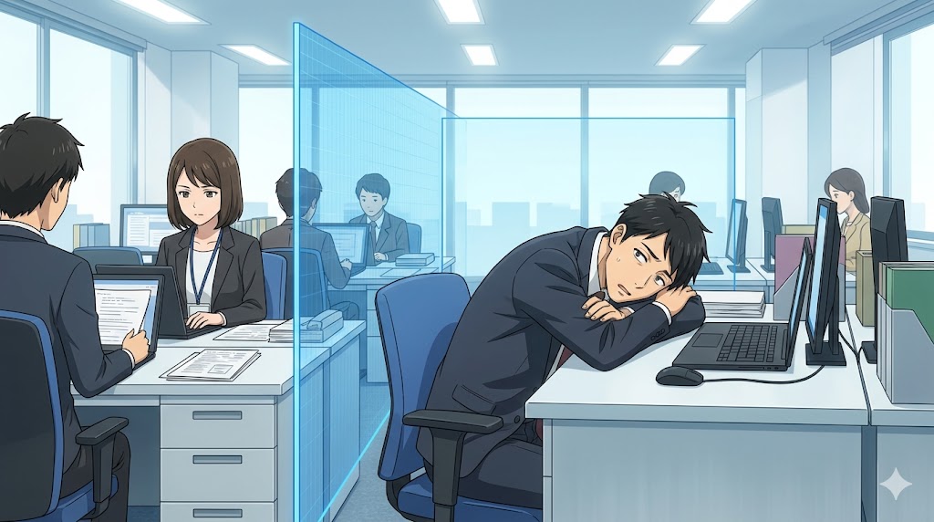 職場で体調不良をアピールしようと机に突っ伏す男性社員と、感情的にならず事務的に業務を続ける同僚たち