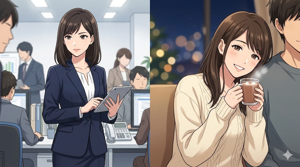 職場で凛と立つ日本人女性と、自宅でリラックスして甘える同じ女性の対比。ギャップ萌え