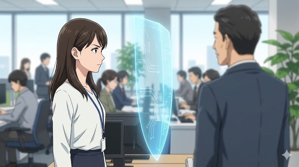 職場にて、かまってちゃんおじさんの過剰な承認欲求に対し、心理的な境界線を引いて毅然と振る舞う日本人女性社員