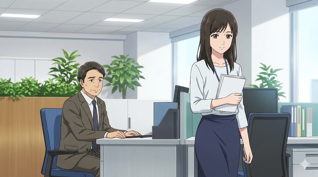 職場にて、かまってちゃんおじさんの長話を丁寧にかつ感情を乗せずに受け流し、その場を立ち去る日本人女性社員