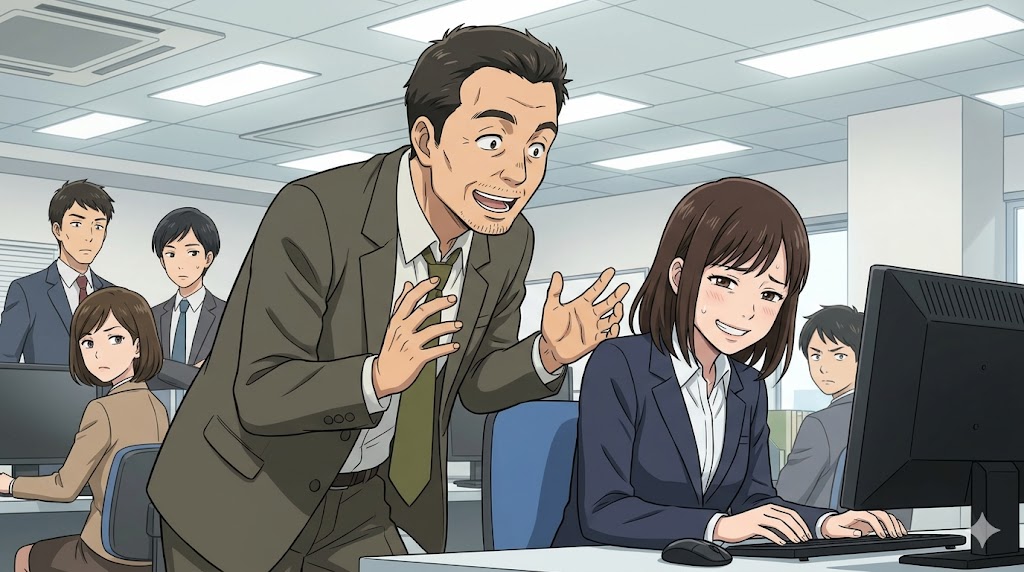 職場にて、デスクで働く若手女性社員に過剰に話しかけるかまってちゃんおじさん