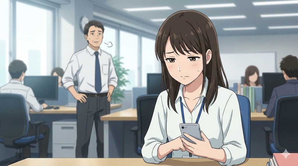 職場のかまってちゃんなおじさんの言動に疲れ、スマートフォンを見て困惑する日本人女性社員