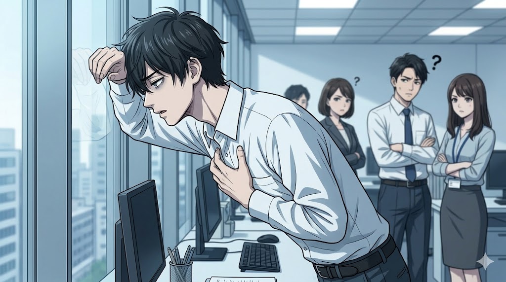 職場のデスクの上で、同僚たちの注目を浴びようと大げさに片手を広げてアピールする、自己肯定感の低い男性