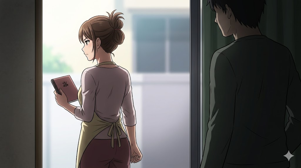 背を向けて明るい外を見つめ、小さなノートを握りしめるアニメ風の日本人妻。薄暗い部屋で支配的な態度を見せる夫。モラハラと自立の決意