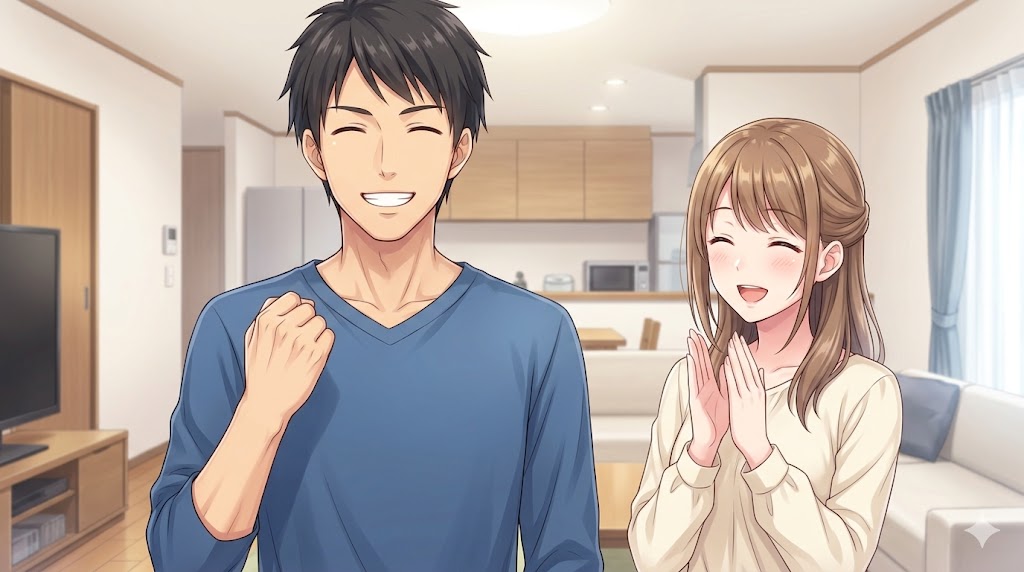 自信に満ちた表情でガッツポーズをする男性と、彼の隣で笑顔で拍手をする可愛い女性の。男性がヒーロー願望を満たされ、自己有用感を感じている