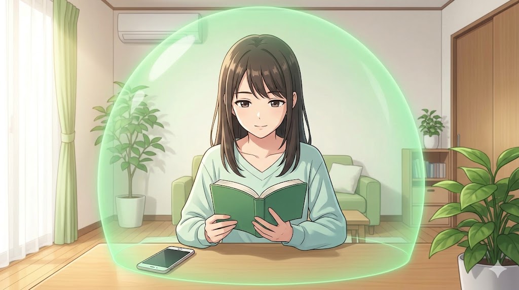 自分の時間を大切にし、穏やかな表情で読書をする日本人女性