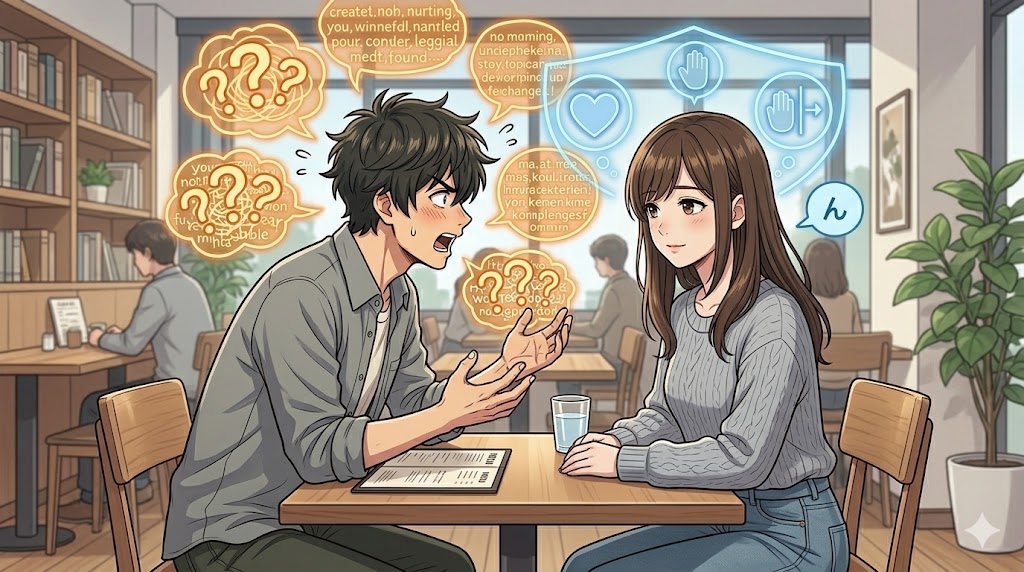 自分の話を一方的に続ける日本人男性に対して、日本人女性が短い相槌を返して会話を深くせず、上手にあしらっている様子