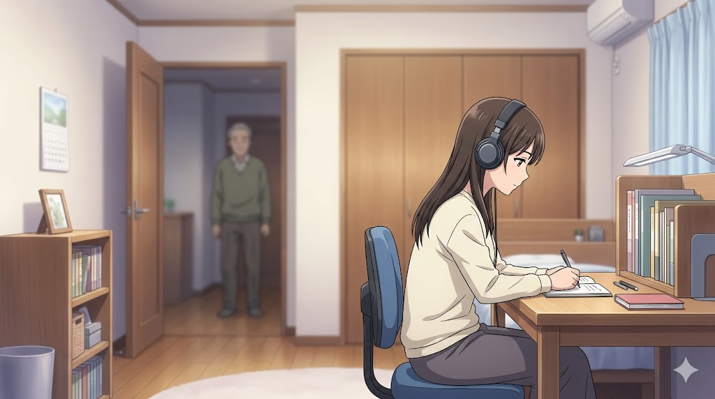 自分の部屋で穏やかに過ごすアニメ風の日本人女性と、境界線を意識する空間