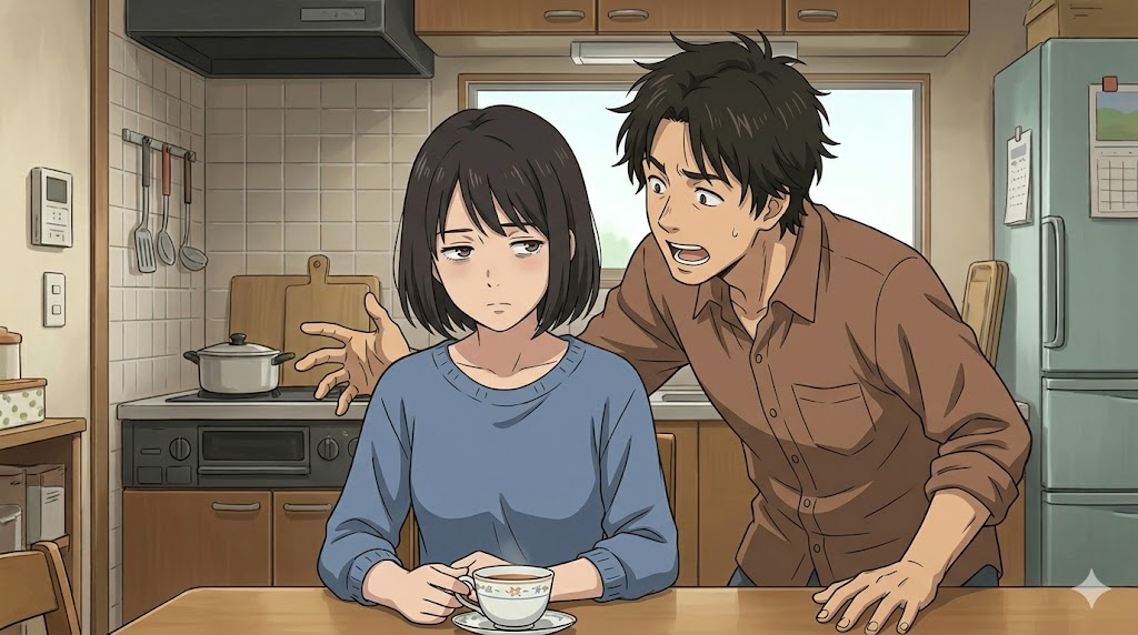 自己中心的で自分の話ばかりを一方的に続ける夫と、それを聞き流しながら精神的に疲弊している日本人の妻