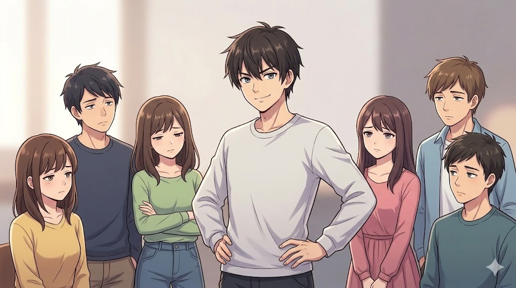 自慢げに話す日本人男性（腰に手を置いたポーズ）と、少し呆れた表情で聞く周囲の人々の様子