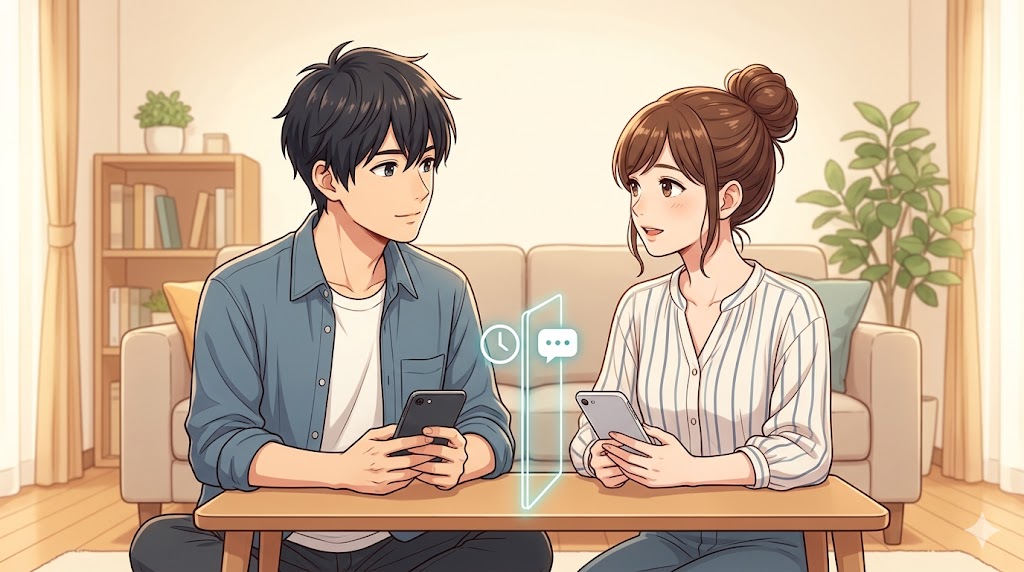 落ち着いたリビングルームで、アニメ風の日本人カップルがスマートフォンを手に、穏やかに向き合って話し合っている。女性は自分の気持ちを伝え、男性は真剣に聞いている。二人の間には、ルールを象徴する穏やかな境界線が描かれている。