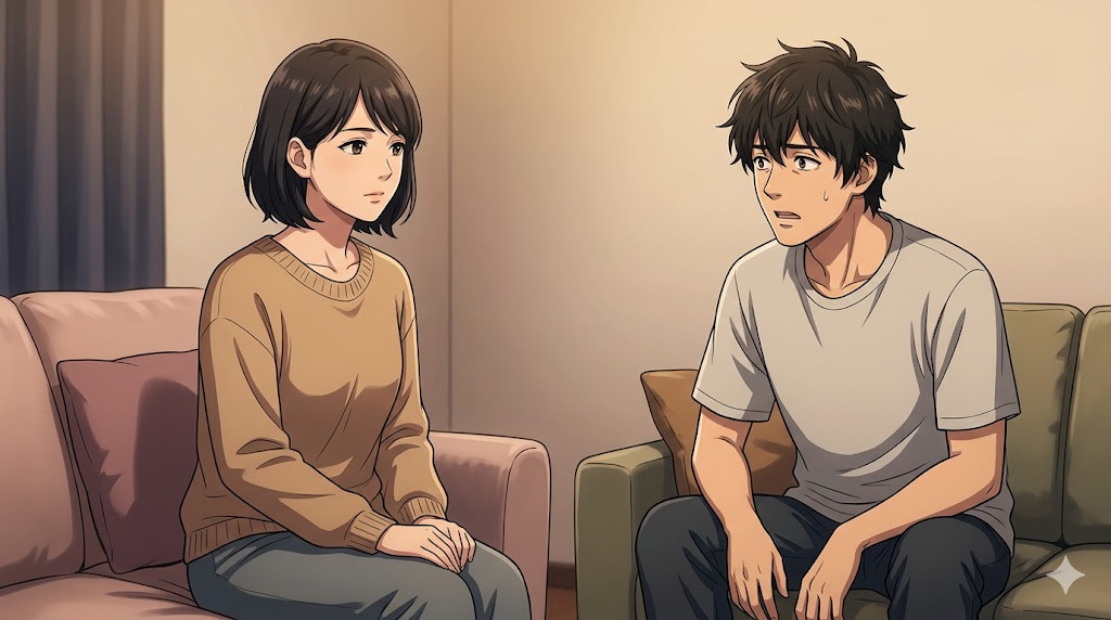 落ち着いて距離を置く日本人女性と、困惑しつつも見つめる日本人男性（アニメ風）。一方的な放置ではなく、戦略的な距離感を表現