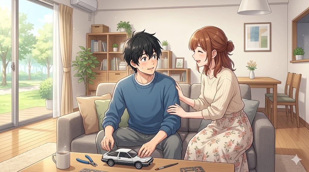 落ち着いて過ごしている男性に対して、ポジティブな言葉をかけ承認を与える日本人女性の様子。