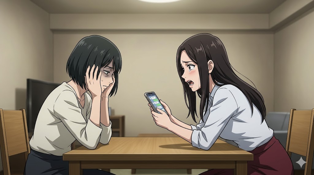 薄暗い室内で、疲れ果てて頭を抱える日本人女性と、スマートフォンを片手に泣き叫ぶ日本人女性のアニメイラスト。共依存関係がエスカレート