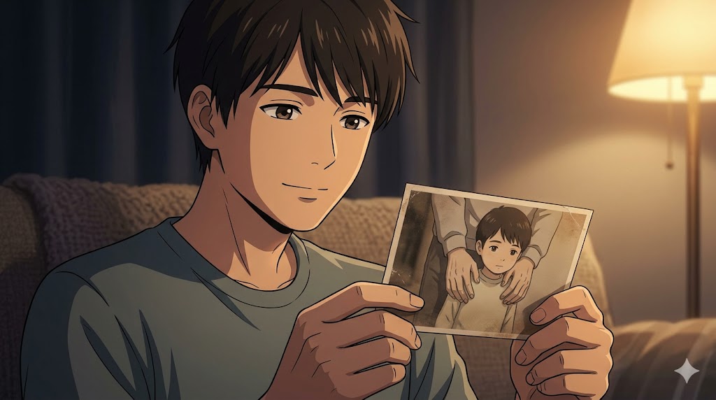 薄暗い室内で、過去の温かい手の温もりを思い出し、古い写真を静かに見つめる日本人男性のイラスト。孤独感と愛着形成の記憶