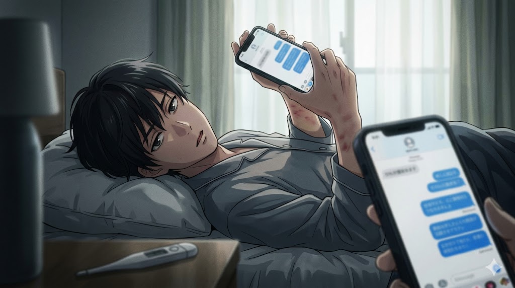 薄暗い寝室で、スマートフォンを使って体調不良をアピールする日本人男性のイラスト。SNSでの「構ってサイン」と承認欲求