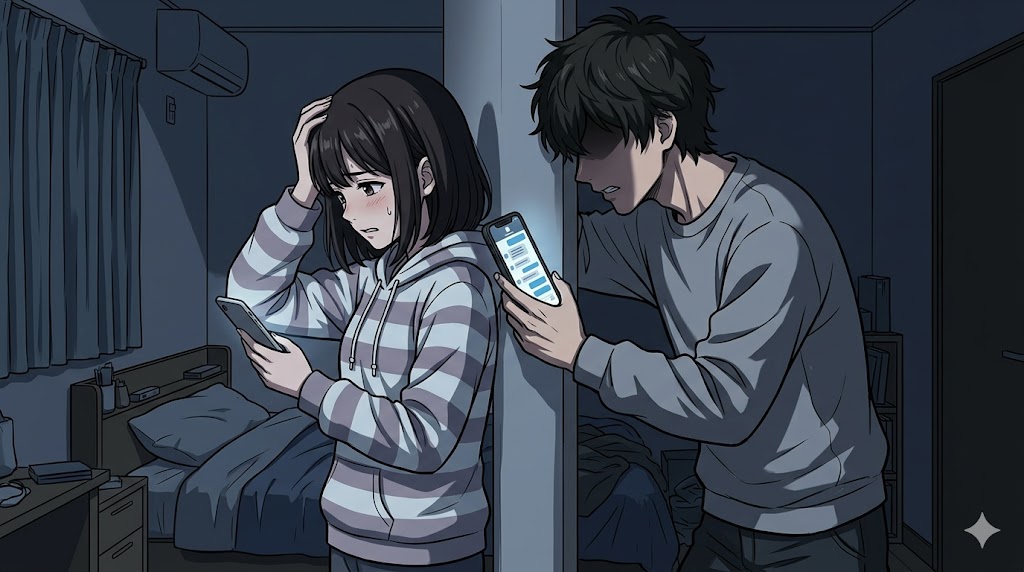 薄暗い部屋で、スマートフォンを使い、脅迫的な態度で女性を支配しようとするアニメ風の日本人男性。女性は怯え、罪悪感を感じている。二人の間には、情緒的脅迫や監視を象徴する有害な影が描かれている。