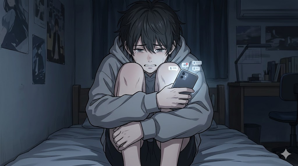 薄暗い部屋で、スマートフォンを抱きしめ、不安げな表情でうずくまるアニメ風の日本人男性。彼の孤独と、愛情を確認できないことへのパニックに近い深層心理を表現している