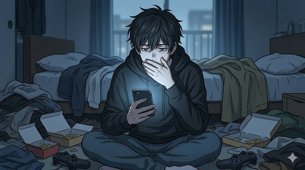 薄暗い部屋で、スマートフォンを片手に孤独と虚無感を抱えて座り込む、承認欲求に飢えた男性