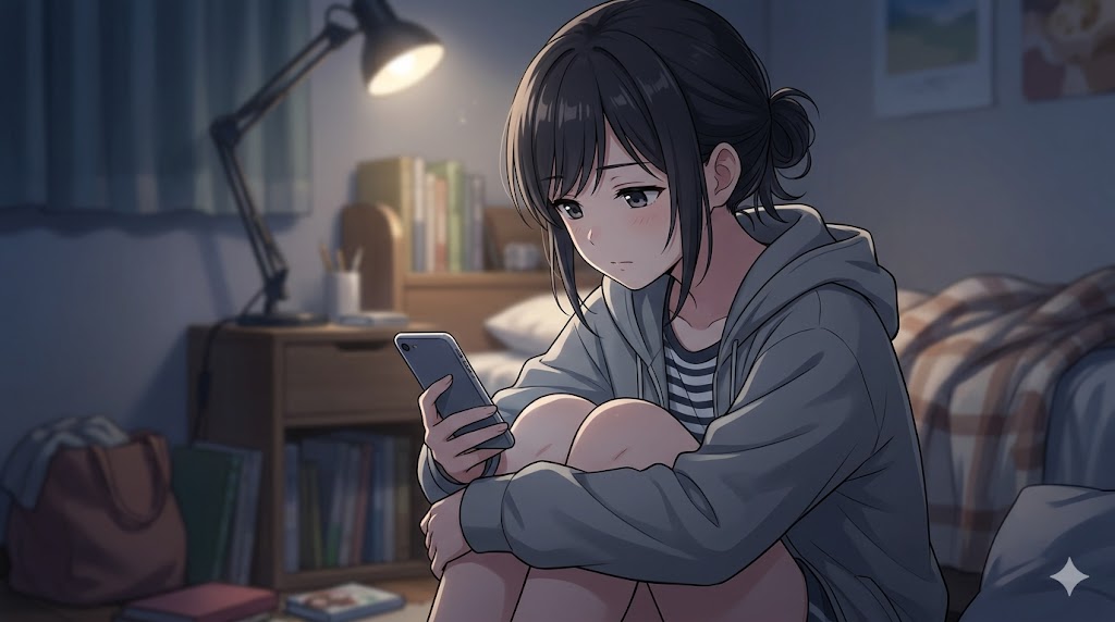 薄暗い部屋で、一人スマートフォンを見つめる日本人女性。少し寂しげな表情