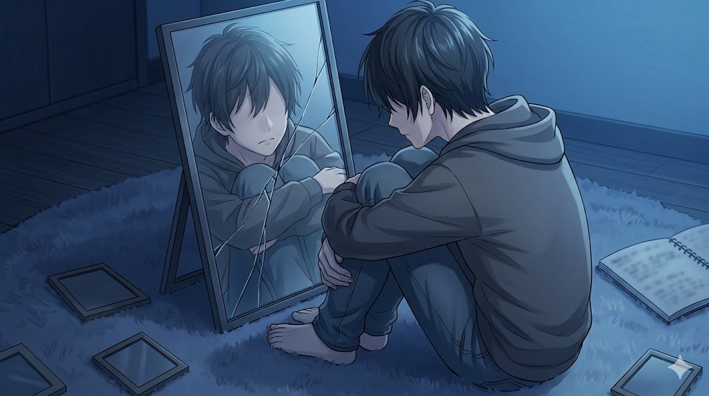 薄暗い部屋で、鏡を見て落ち込む日本人男性のアニメイラスト。自己肯定感の低さを表現