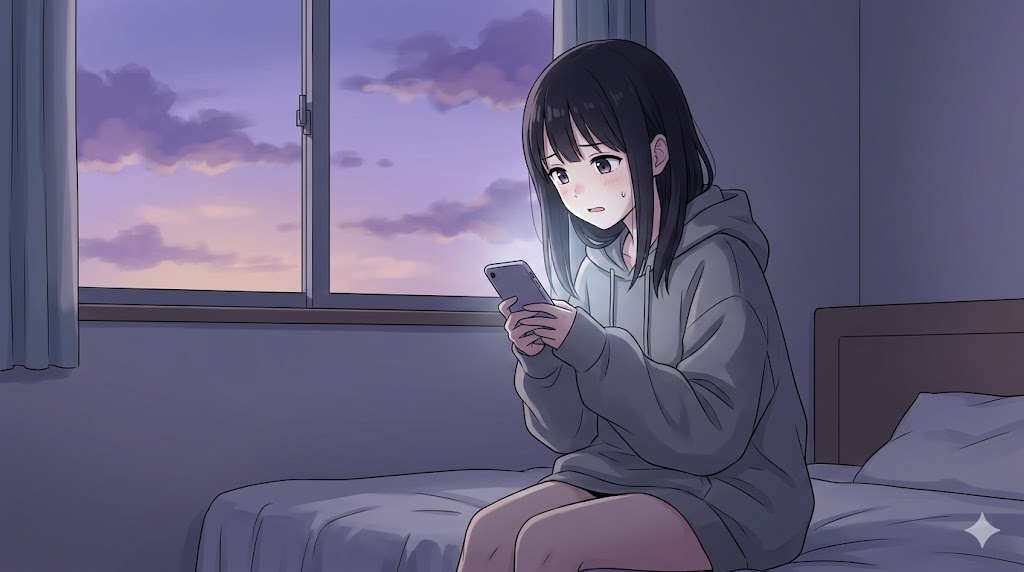 薄暗い部屋で一人、スマートフォンの画面を不安げに見つめる日本人少女のアニメイラスト。孤独感と承認欲求を表現