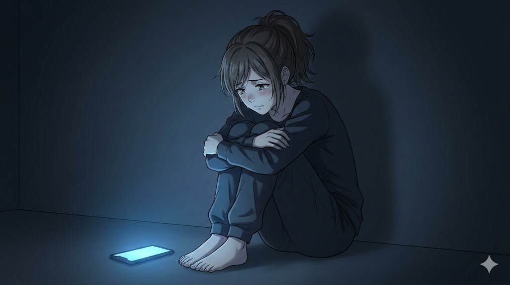 薄暗い部屋で膝を抱え、絶望的な表情で泣きじゃくるアニメ風の日本人妻。スマホの冷たい光が顔を照らしている。カサンドラ症候群の孤独