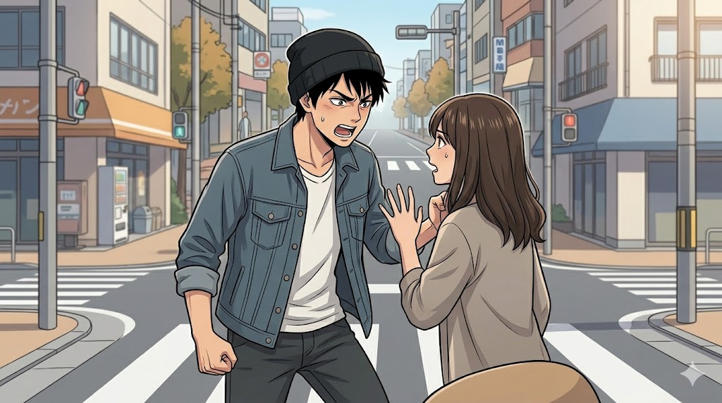 街角で女性の手を掴み、愛情を確かめようと詰め寄るアニメ風の日本人男性