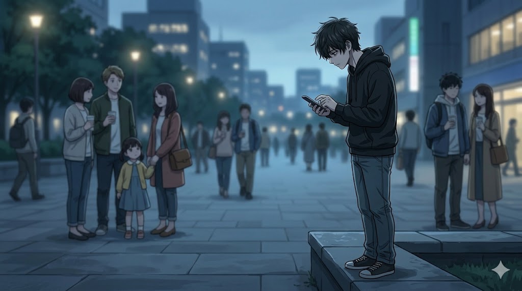 誰もいなくなった夕暮れの街角で、一人スマートフォンを眺めて立ち尽くす、孤独な男性