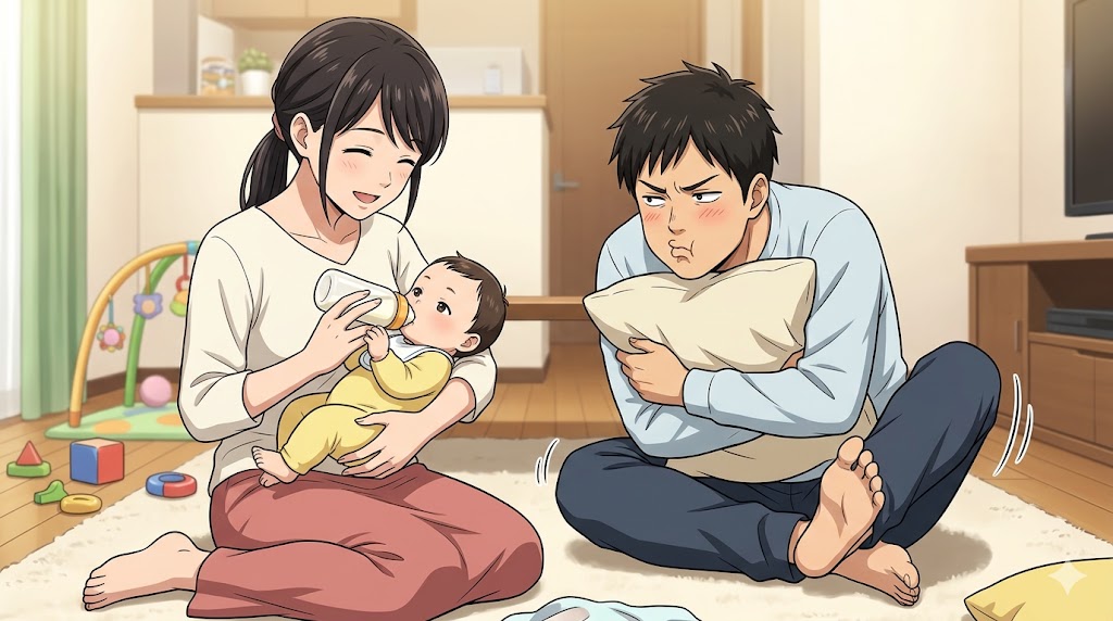 赤ちゃんのお世話をする妻の横で、嫉妬して赤ちゃん返りをする旦那